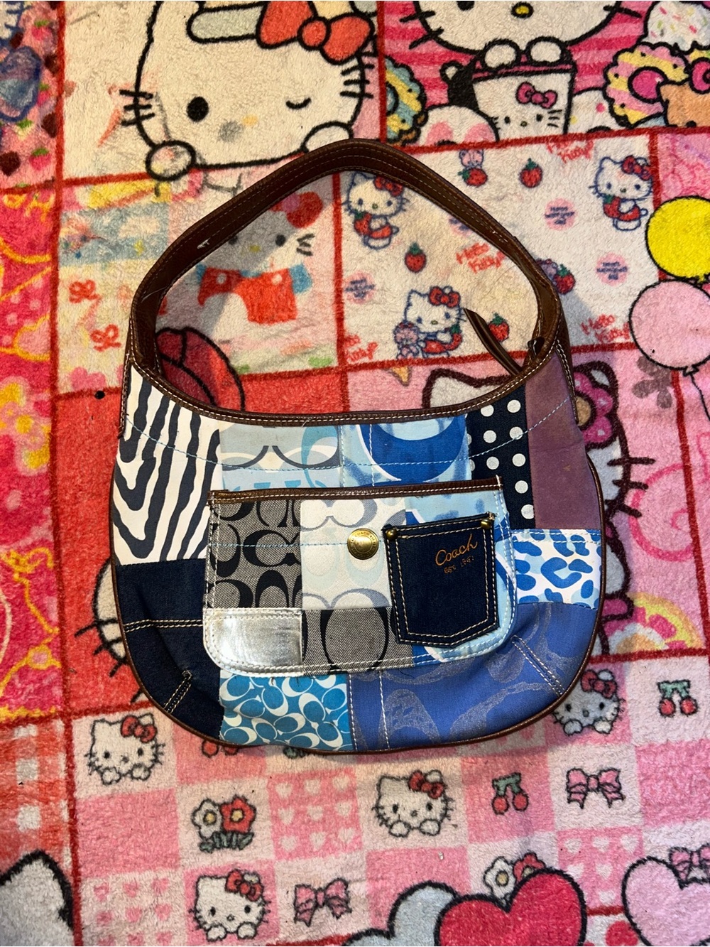 Coach Patchwork Shoulder Bag in Blue, Navy, Gray and Brown